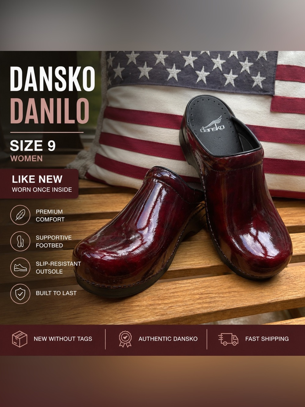 Dansko Danilo Burgundy Patent Leather Clogs (Slip on)